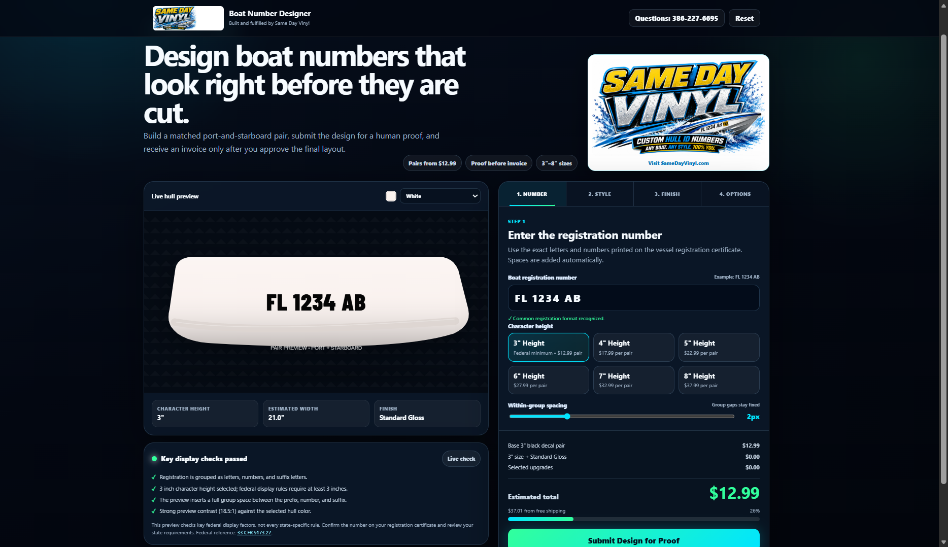 Custom name and registration number decal applied to a boat hull